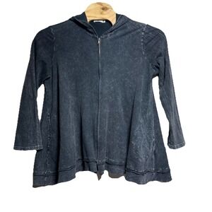 Jess & Jane Sweater Sz XL Black Acid Wash Flowy Relaxed Lagenlook Full Zip Hood